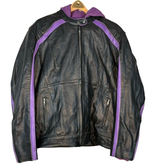 UNIK WOMENS LEATHER JACKET Cafe Moto Zip In Hoodie Purple Black Embroidered 5X - Picture 2 of 9